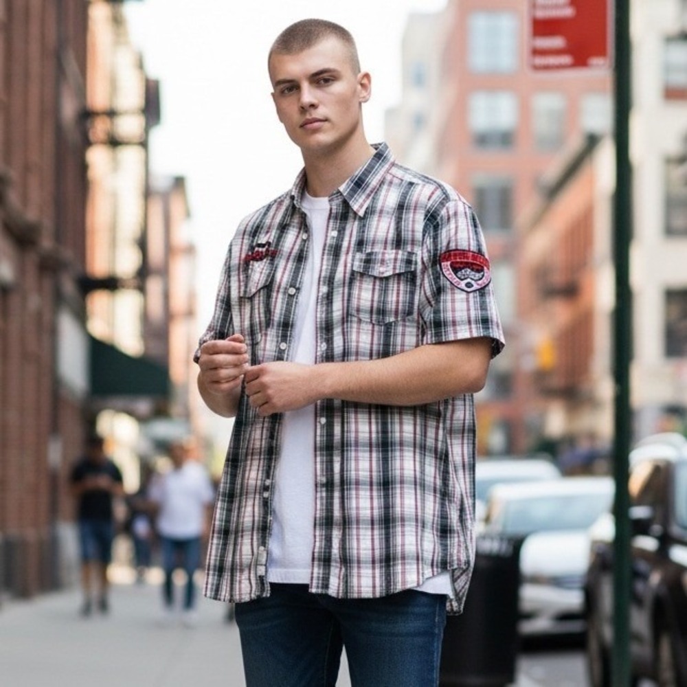 VTG Epic Hero Mens 3XL Plaid Short Sleeve Button Up Work Shirt Motorcycle Patch